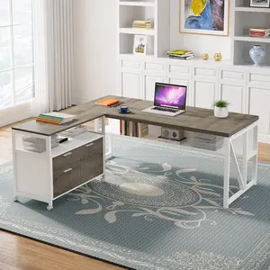 Tribesigns L-Shaped Executive Computer Desk 63" & 32" Mobile File Cabinet Dark Oak 2-Piece Home Office Set with Drawers & Lockable Doors