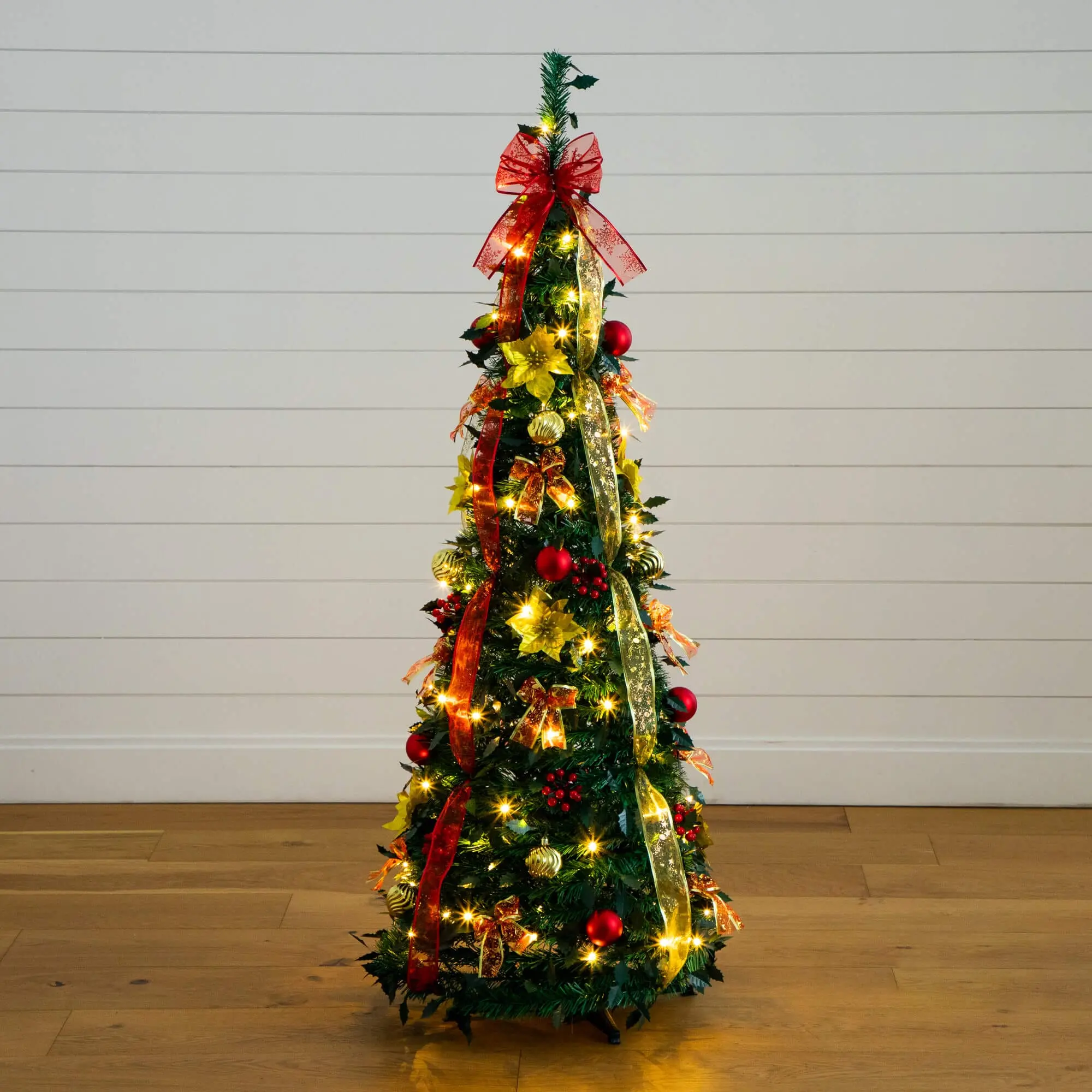 5' Pre-Lit Pre-Assembled Pop-Up Artificial Christmas Tree, Full Shape Evergreen Look Home Festive Decoration, Easy Install Modern Holiday Decor with Red & Gold Ornaments, Ribbons, 100 Warm White LED Lights