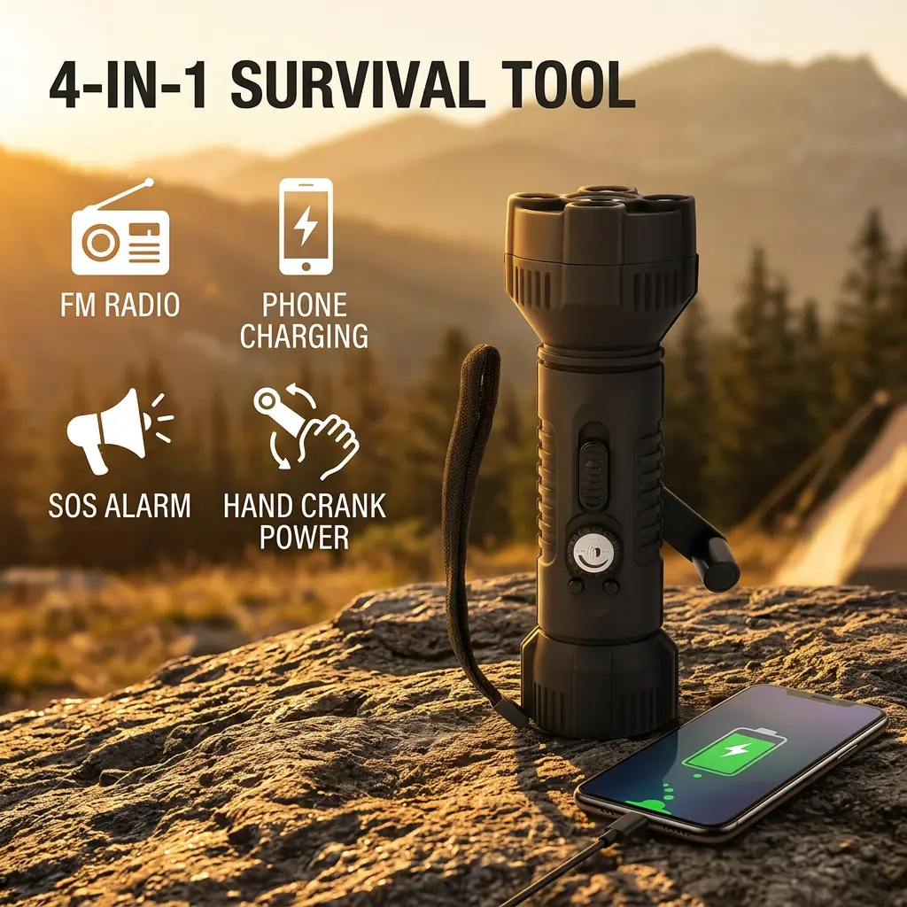4-in-1 Emergency Flashlight: Charges your phone, plays FM radio, and features a hand-crank generator so you don’t have to worry about power outages
