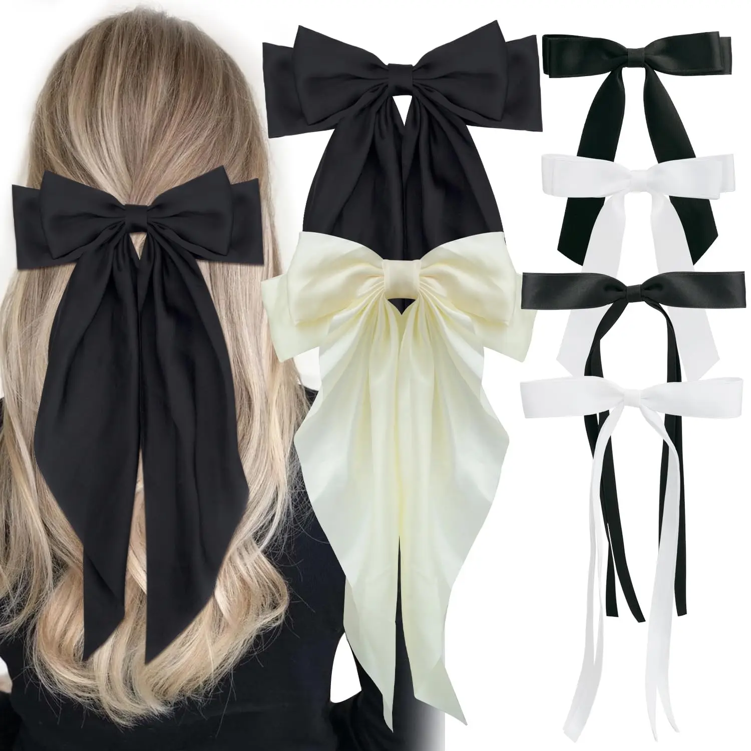 (3 Types) 6PCS Hair Bows Cute Hair Clips for Women Girls Tassel Ribbon Bowknot Hair Clips, Black and White, Hair Accessories for Women Girls, Car Interior Accessories