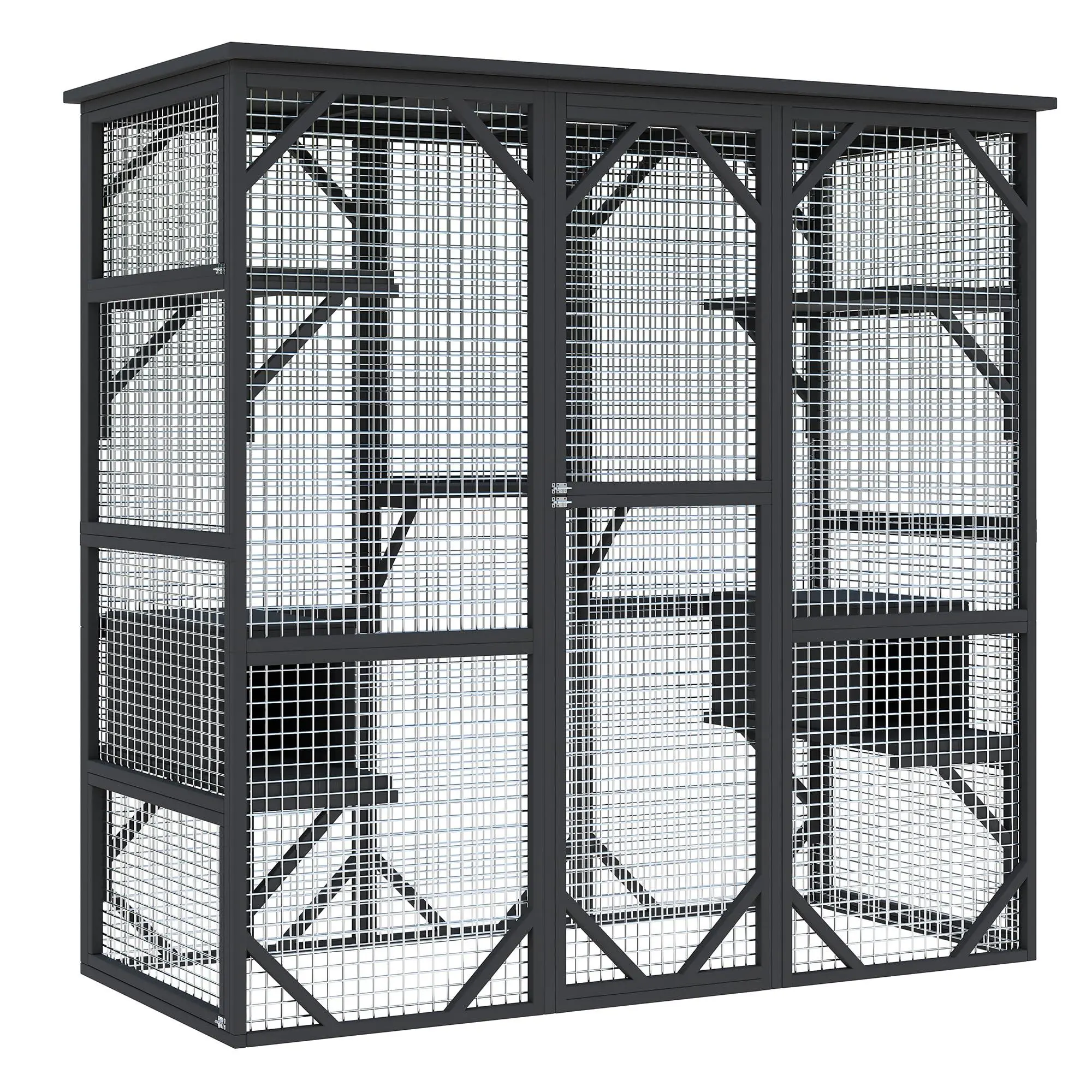 Gaomon Indoor-Outdoor Large-Size Cedar Wood Walk-In Window Cat Enclosure - Wire Mesh Cat Cage with Multiple Doors, Pre-Drilled Kit, Black Ventilation Design