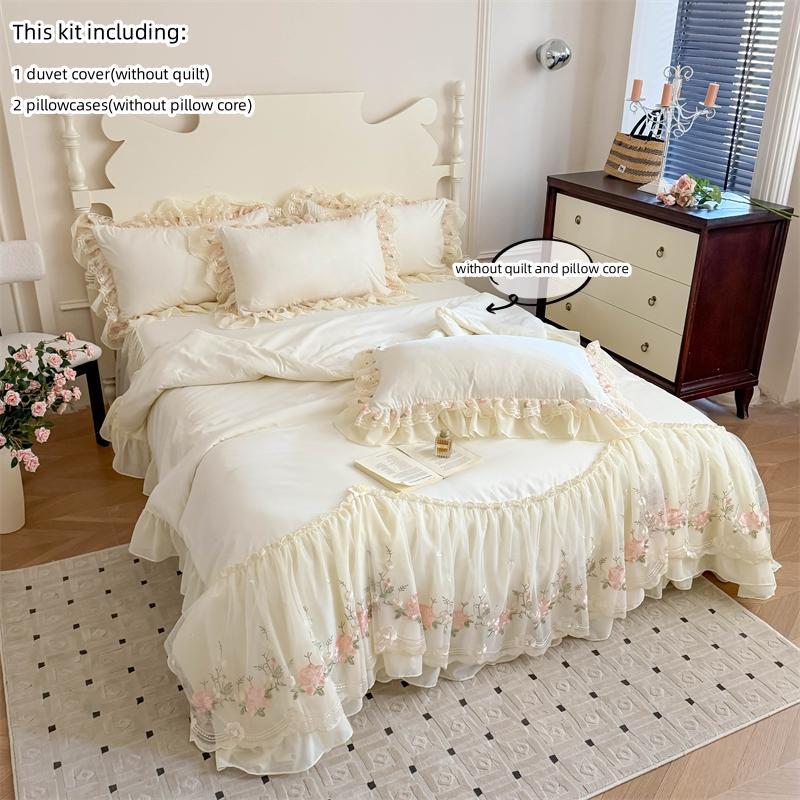 3pcs Korean Lace Trim Embroidered Quilt Cover and Pillowcases Set, Soft Bedding Set, Elegant Dorm Room Decor for Cozy Nights #TOP PICKS
