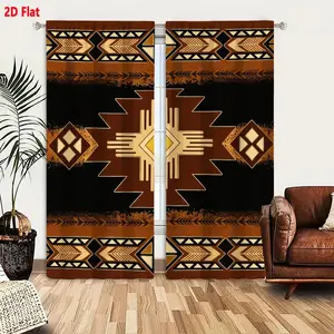 2D Flat 2-Pack Southwestern Native American Style Curtains, Tribal Geometric Pattern with Brown Gold Beige Black, Distressed Vintage Decor, Symmetrical Large Diamond & Chevron Design Window Curtains