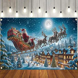 1pc 2D Flat Polyester Decorative Banner - Santa Claus & Reindeer Town Scene, Durable Bright Colors, Christmas Tree, Party Decoration for Holiday Winter Celebrations, Birthday Use