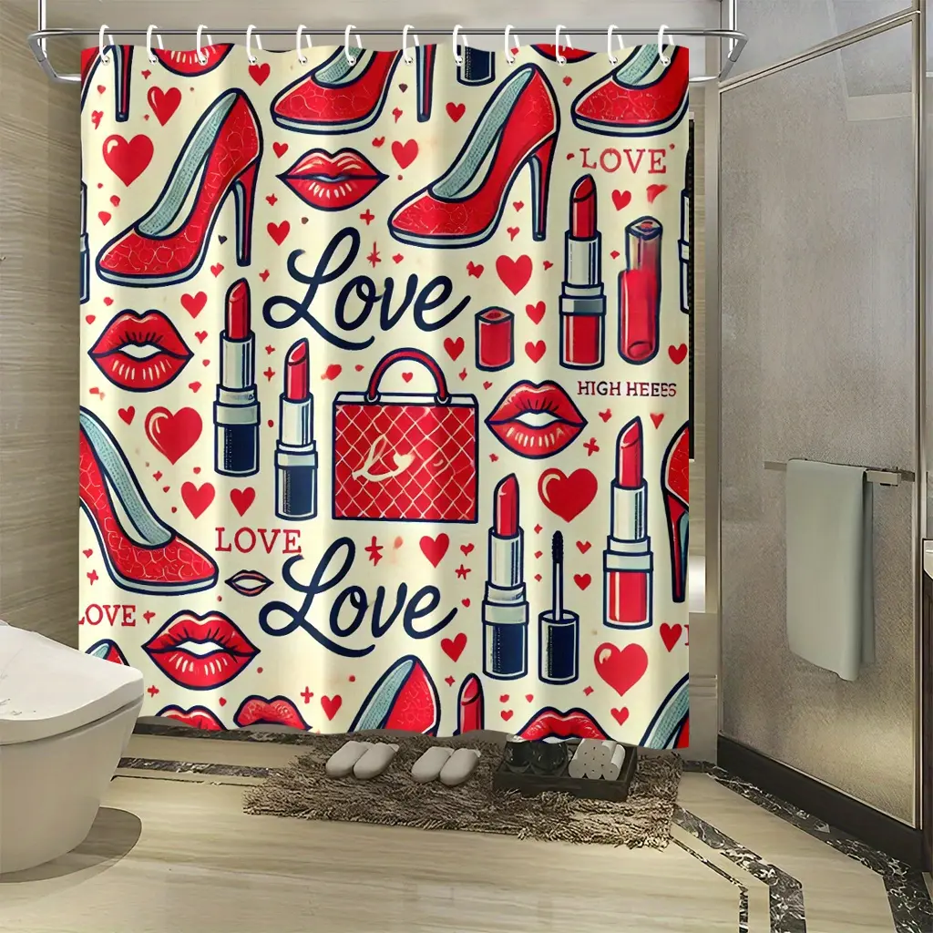1pc A Red High Heel And Lipstick Patterned Shower Curtain, Measuring 70X70 Inches, Includes 12 Hooks, Made of Polyester Fabric, Easy to Clean, Suitable for Rooms, Homes, Hotels, Machine Washable Bathroom Curtains, Usable in All Seasons.