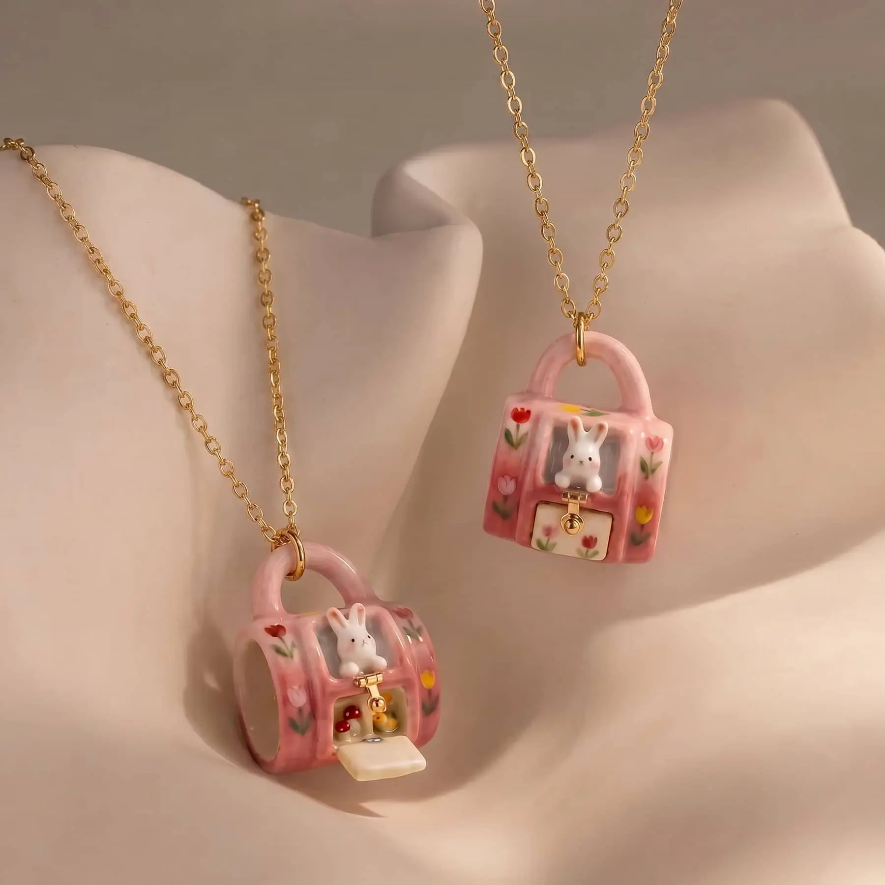 Women's Kawaii Rabbit House Locket Necklace, Cute 3D Blush Pink Ceramic Pendant with Openable Drawer on a Gold Chain, Casual Daily Jewelry, Animal