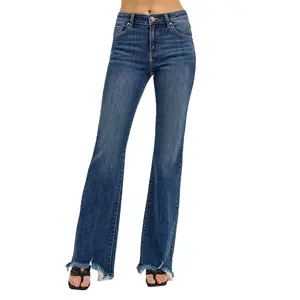 Risen Mid Rise Flared Jeans with Frayed Hem in Dark Wash - Long Inseam - RDP5836