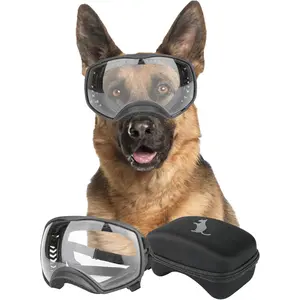 Clear Dog Goggles for Large Dogs, Wide Eyecup & Soft Frame, Anti-UV Sunglasses for Medium to Large Breed Dogs, Windproof Dustproof Adjustable Dog Eye Protection, Black Frame