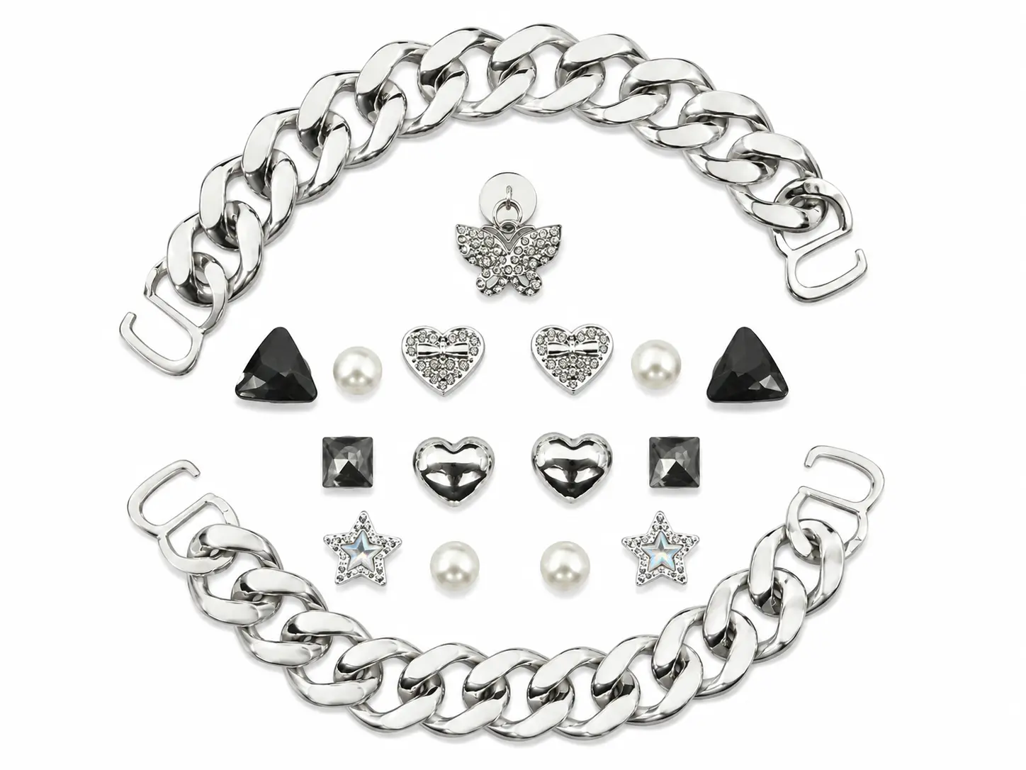 17PCS Silver Shoe Charms Set with 2 Chunky Chains, Rhinestone Butterfly Heart Star, Pearl & Black Gem Charms for Clogs