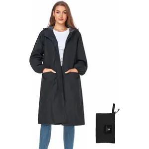 Women's Long Waterproof Lightweight Hooded Packable Knee Length Rain Jacket