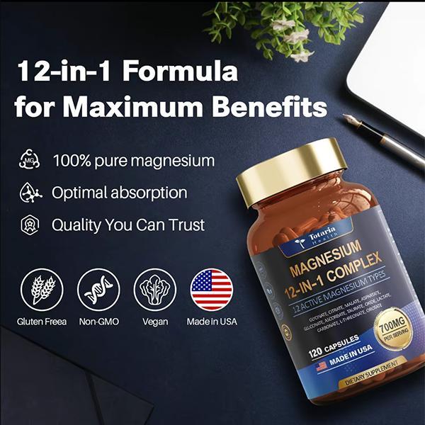 12-in-1 Magnesium Complex 700mg - Supplement  with Glycinate Citrate Malate Oxide Taurate Aspartate Orotate, Vegan Capsules for Muscle, Heart, and Relaxation Support  magnesium