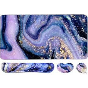 4-in-1 Large Gaming Mouse Pad and Keyboard Wrist Rest, Desk Pad For Keyboard And For Mouse, Non-Slip Desk Mat For Home Office Study Game-Purple Marble
