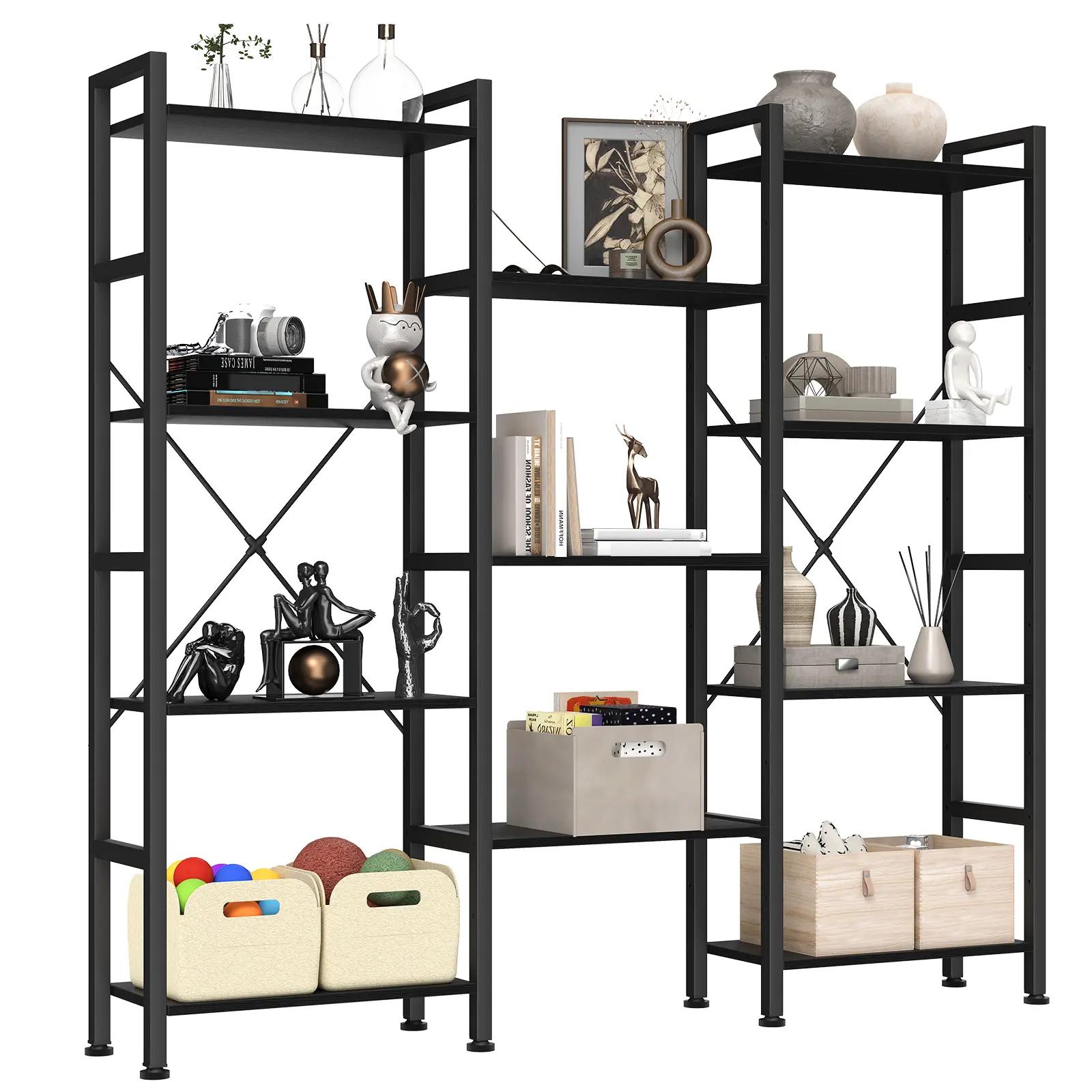 Sweetcrispy Industrial Look Expandable Wide Aesthetic Bookshelf - 3-Column 4-Tier Convertible Particle Board Unit with Adjustable Open Shelves for Living Room, Home Office Decor