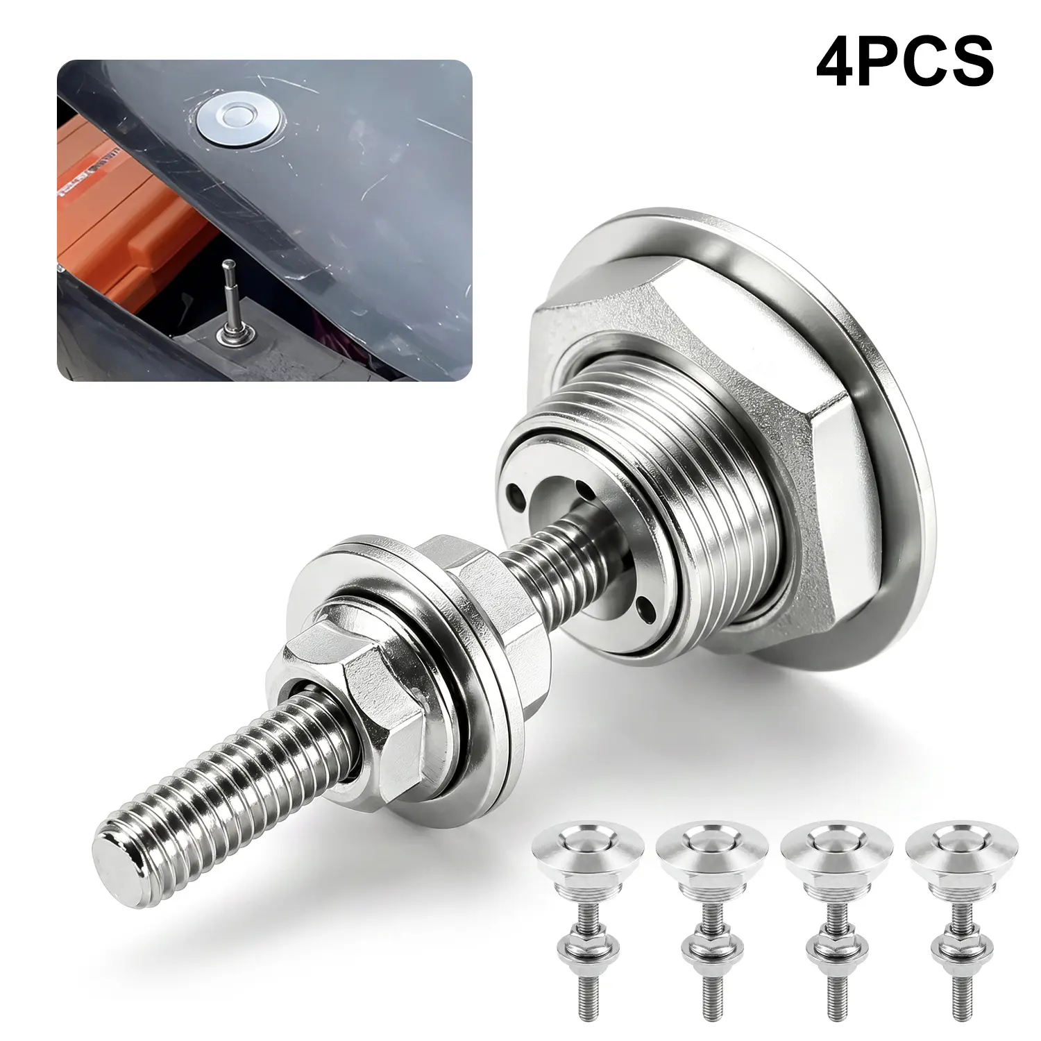 VAYWET 4Pcs Universal Aluminum Alloy Quick-Release Lock Latches - 1.25-Inch Silver Hood Pins Kit with CNC Push Button for Vehicle Bumper, Auto Hood, License Plate