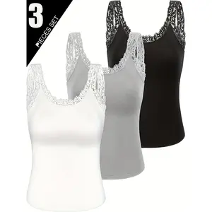 SERACAL 3-Pack Lace Trim Camisole Tops Basic Sleeveless Undershirts for Women Korean Style Layering Essentials Neutral Shades Black White Gray