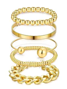 Gold Bracelets Stack for Women Trendy, 5 Pcs Chunky Adjust Chain Beaded Cuff Bangles Bracelet Pack