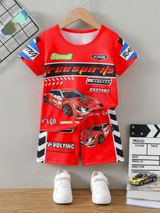 two-piece set boy's car print tee & elastic waist  shorts  set, casual  short sleeve t-shirt  & shorts  for daily wear, kids spring & fall clothes