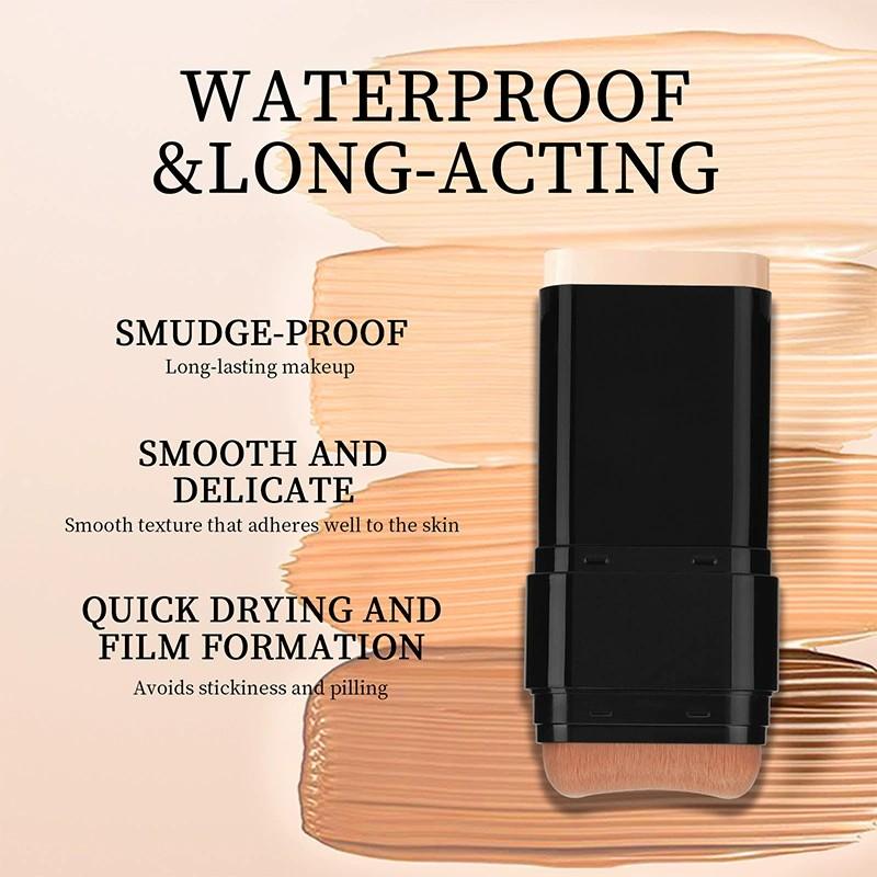 Long-Lasting Waterproof 2-in-1 Foundation Stick & Concealer with Brush, Full Coverage for Dark Circles, Blemishes, Suitable for All Skin Tones