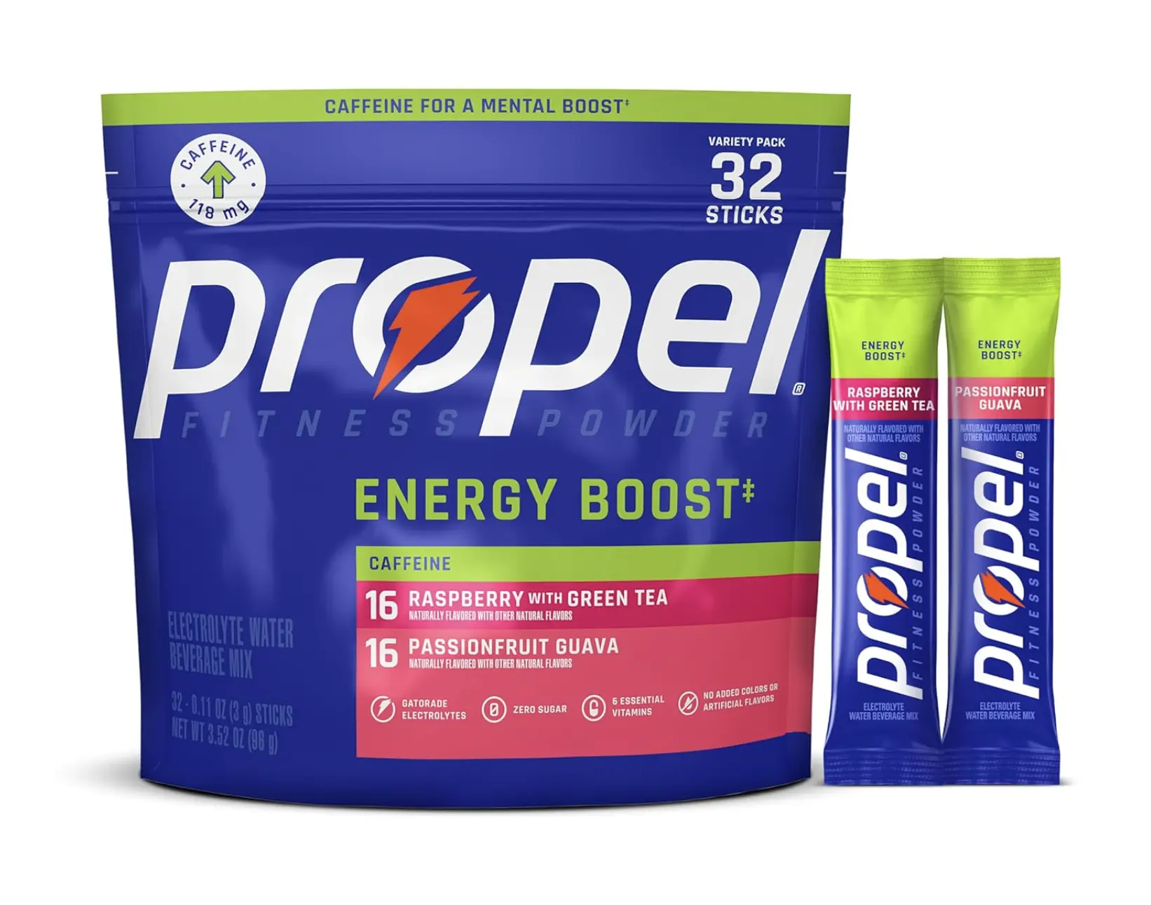 Propel Energy Boost Fitness Powder Variety Pack - Raspberry with Green Tea & Passionfruit Guava (32 Pack)
