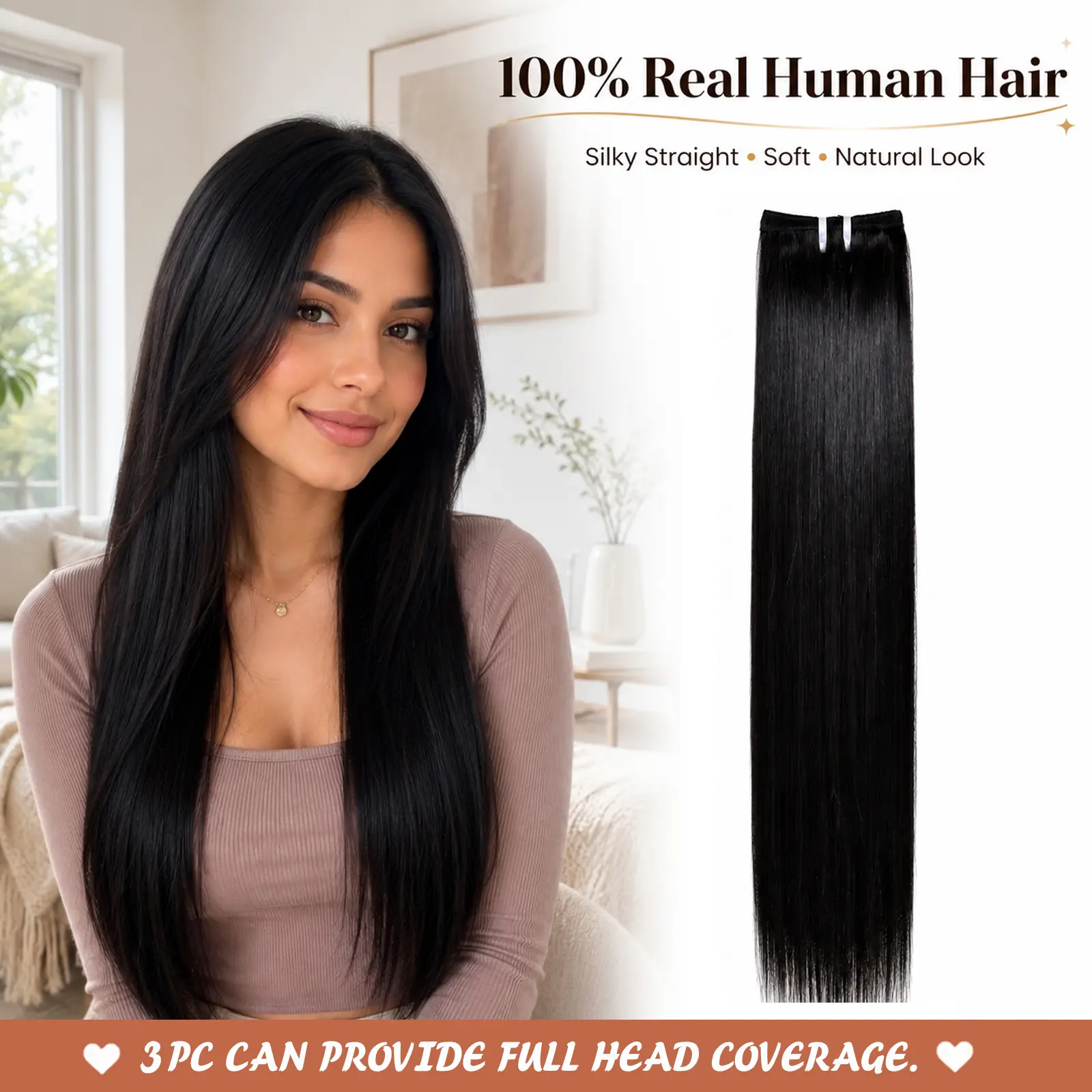 XILEAO Women's Silky Straight Unprocessed Virgin Human Hair Weave Bundles, 100g Real Hair Extensions for Full Head Install, 20-28in (20in Included), Natural Black, Cuticle Aligned, Tangle-Free, Heat-Friendly, Dye-Friendly Weft, Unprocessed Human Hair