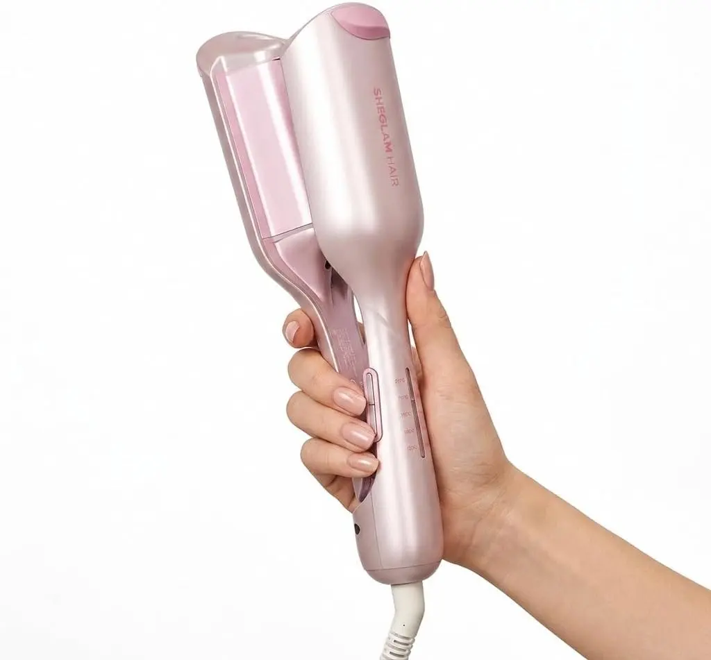 SHEGLAM Pink 1 Inch Hair Waver for Women - Double Barrel Crimper Tool for Mermaid Beach Waves, Lightweight with Smart Timer & Adjustable Temps, Dual Voltage Anti-Scald Easy to Use for Short Hair