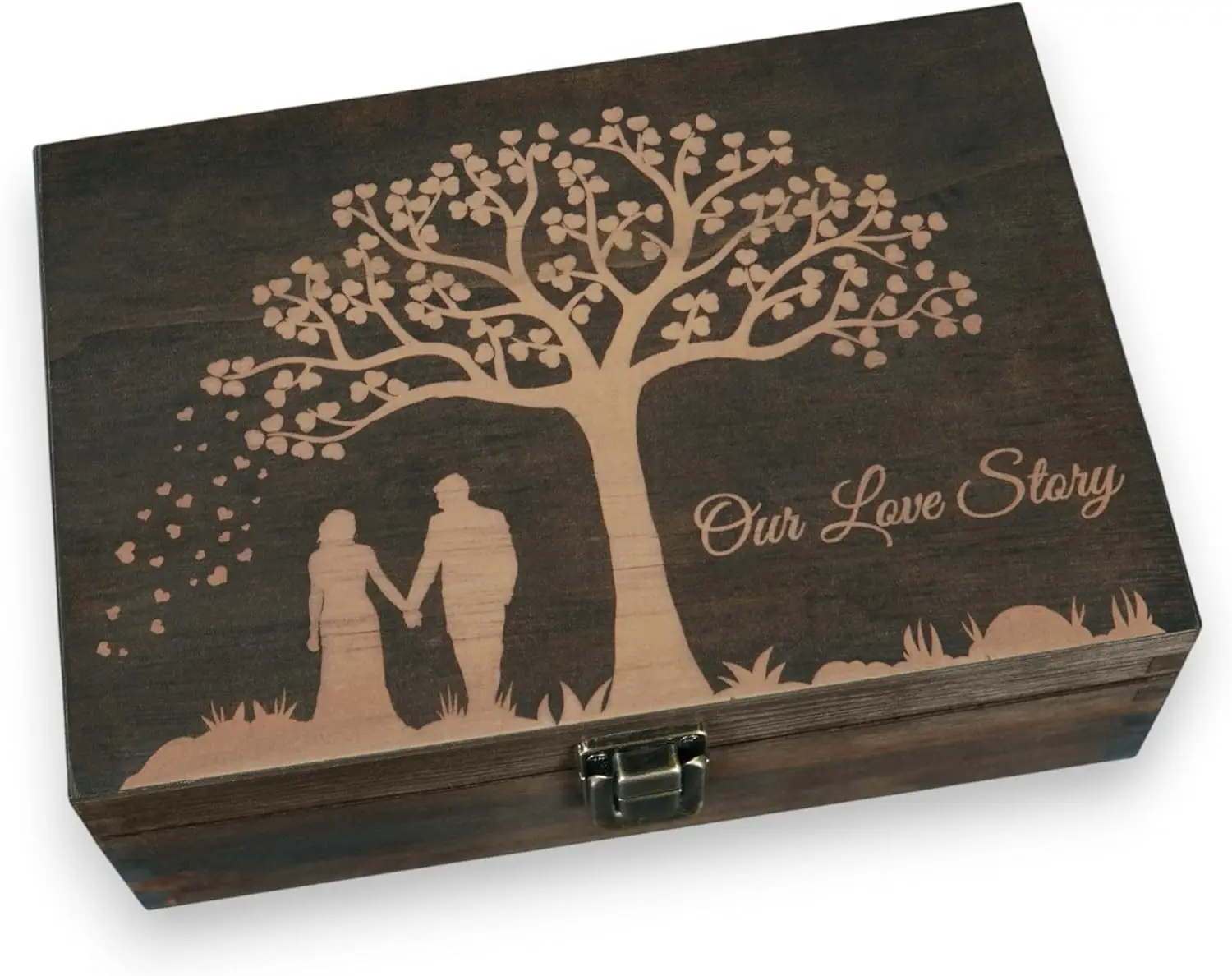 Engraved Wedding Memory Box- Wooden Keepsake Box for Bride & Groom, Letters, Photos, First Anniversary and Valentine’s Day Gift, Personalized Rustic Storage, Medium Size, Dark Walnut - 8.5 x 6 x 3 in