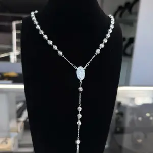 Rosario 6mm silver 925 corte diamantado size 24 Rosary Cross Pendant Religious Necklace