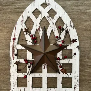 Wooden Arch Wall Decor with Metal Star and Berry Ring - Hanging Ornaments
