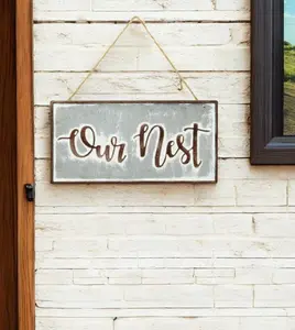 360 Stand Gray & Brown "Our Nest" Galvanized Vintage Metal Sign, 6x12 in. Handmade Cottage Style Hanging Wall Decoration with Rustic Design & Distressed Look, Decorative