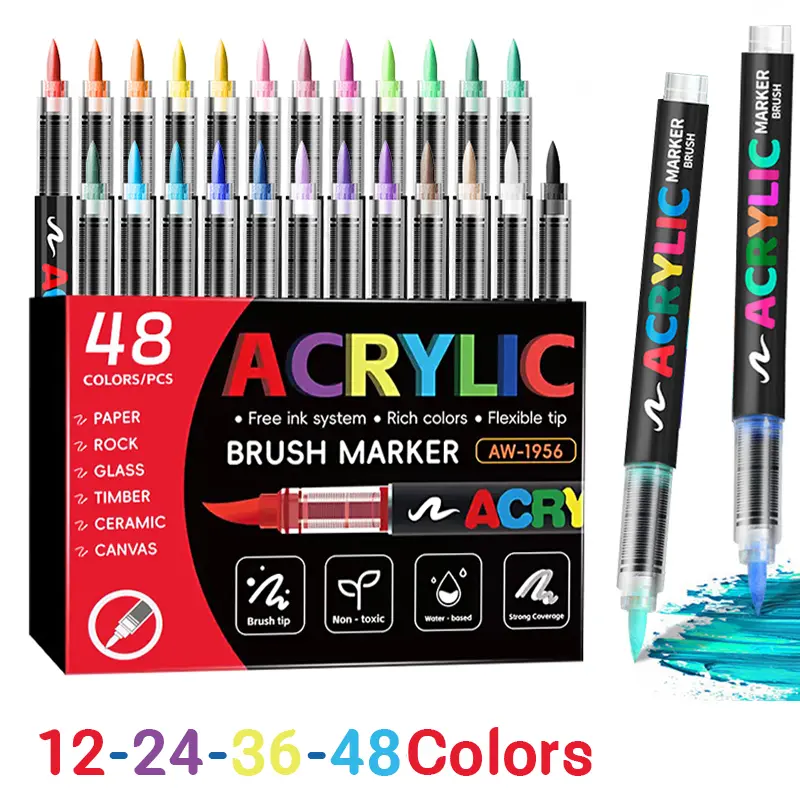 Acrylic Marker Pens - 12/24/36/48 -Colors Soft Brush Tip Set, New Arrival, Office & Professional Art Supplies, High-End Exquisite Packaging, Ideal for Gifting, Acrylic Markers, Markers For Coloring, Brush Pen Markers & Highlighters