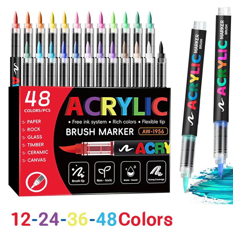 12/24/36/48 -Colors Acrylic Marker Pens - New Arrival! Multiple Colors For Choice, Office & Painting Supplies, High - End Set With Exquisite Packaging, Suitable For Gifting, For Professional Art Painting, Soft Brush Tip Art Marker Pens