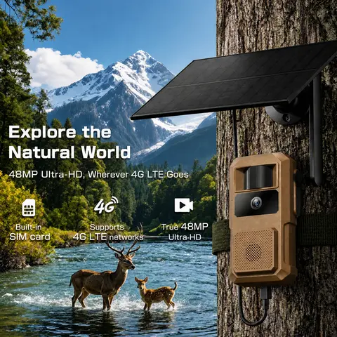 [TechVibes]Solar 4G LTE Trail Camera HC73S 48MP 2K Night Vision 0.1s PIR Trigger IP66 Waterproof 120° Wide Angle For Wildlife Farm Deer Security, Built-In Cellular Card 4G LTE Data Plan Needs Activation Outdoor, Hunting Gear, Solar Powered