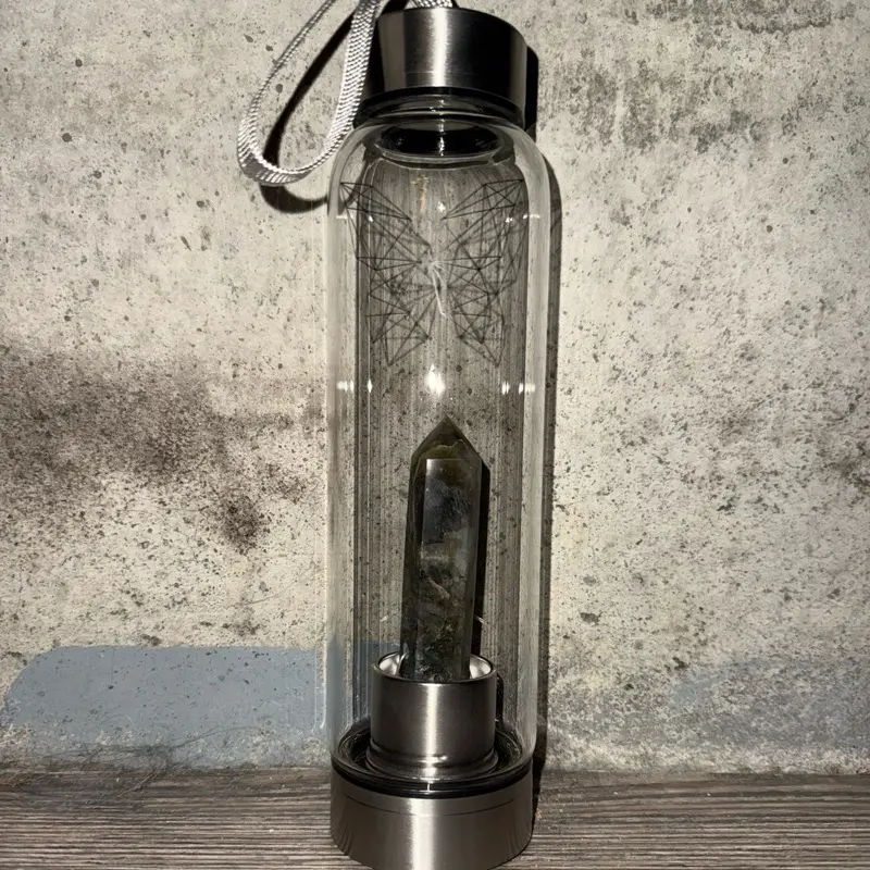 Labradorite Tower Water Bottle with Crystal Design for Hydration and Energy Boost