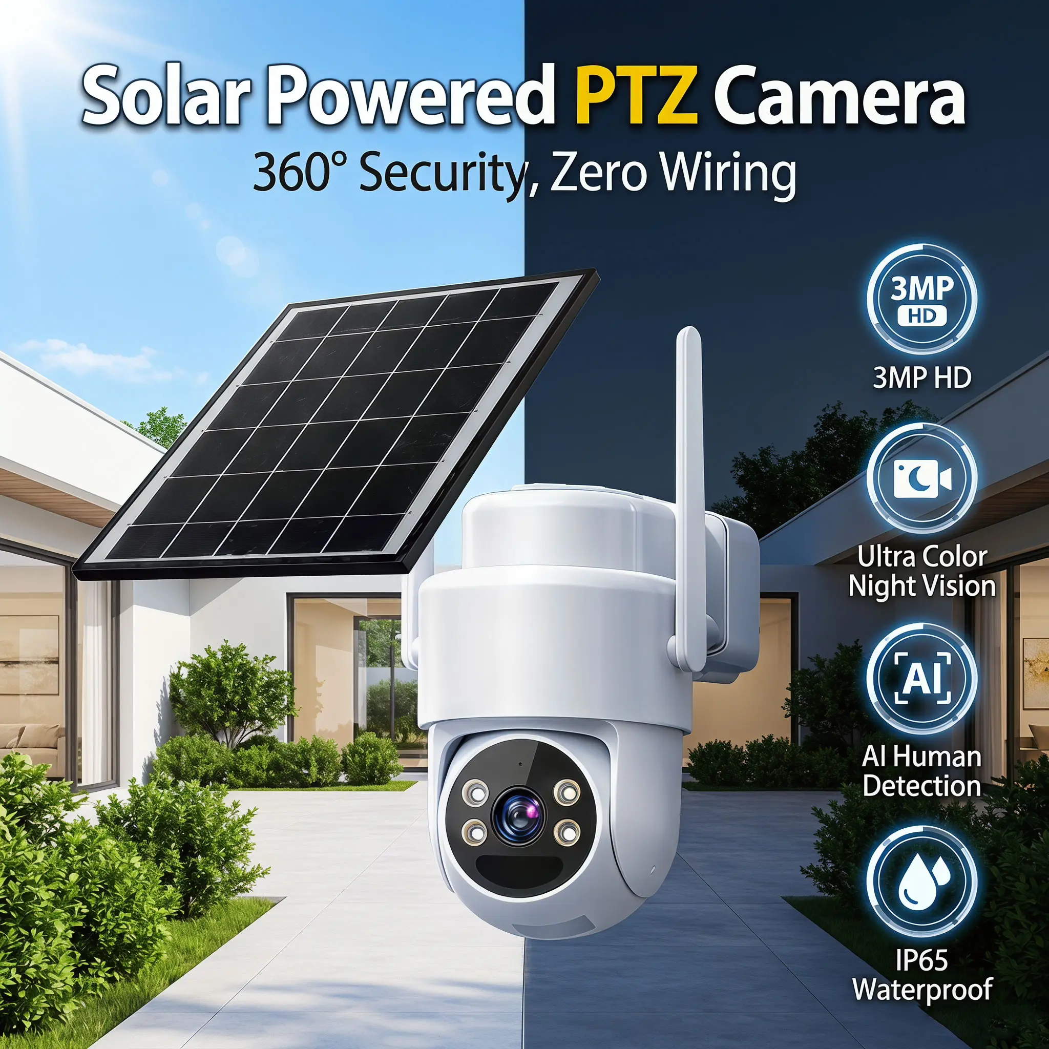 【Solar Powered Outdoor PTZ Security Camera】3MP 1296P Ultra Color Night Vision 4 LED Spotlight Alarm PIR Detection 2 Way Talk 6W Panel 30 Day Battery 2.4GHz WiFi SD up to 128GB Weatherproof IP65