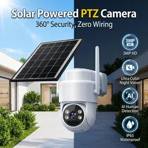 【Solar Powered Outdoor PTZ Security Camera】3MP 1296P Ultra Color Night Vision 4 LED Spotlight Alarm PIR Detection 2 Way Talk 6W Panel 30 Day Battery 2.4GHz WiFi SD up to 128GB Weatherproof IP65