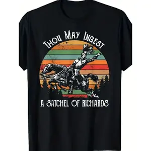 Medieval Knight & Richard's Wine Humor T-Shirt - 100%  Lightweight Short Sleeve Round Neck Casual Tee with "Thou Shalt Drink Richard's Wine" Slogan & Retro Knight on Horseback Graphic - Funny Novelty Gift for Adults