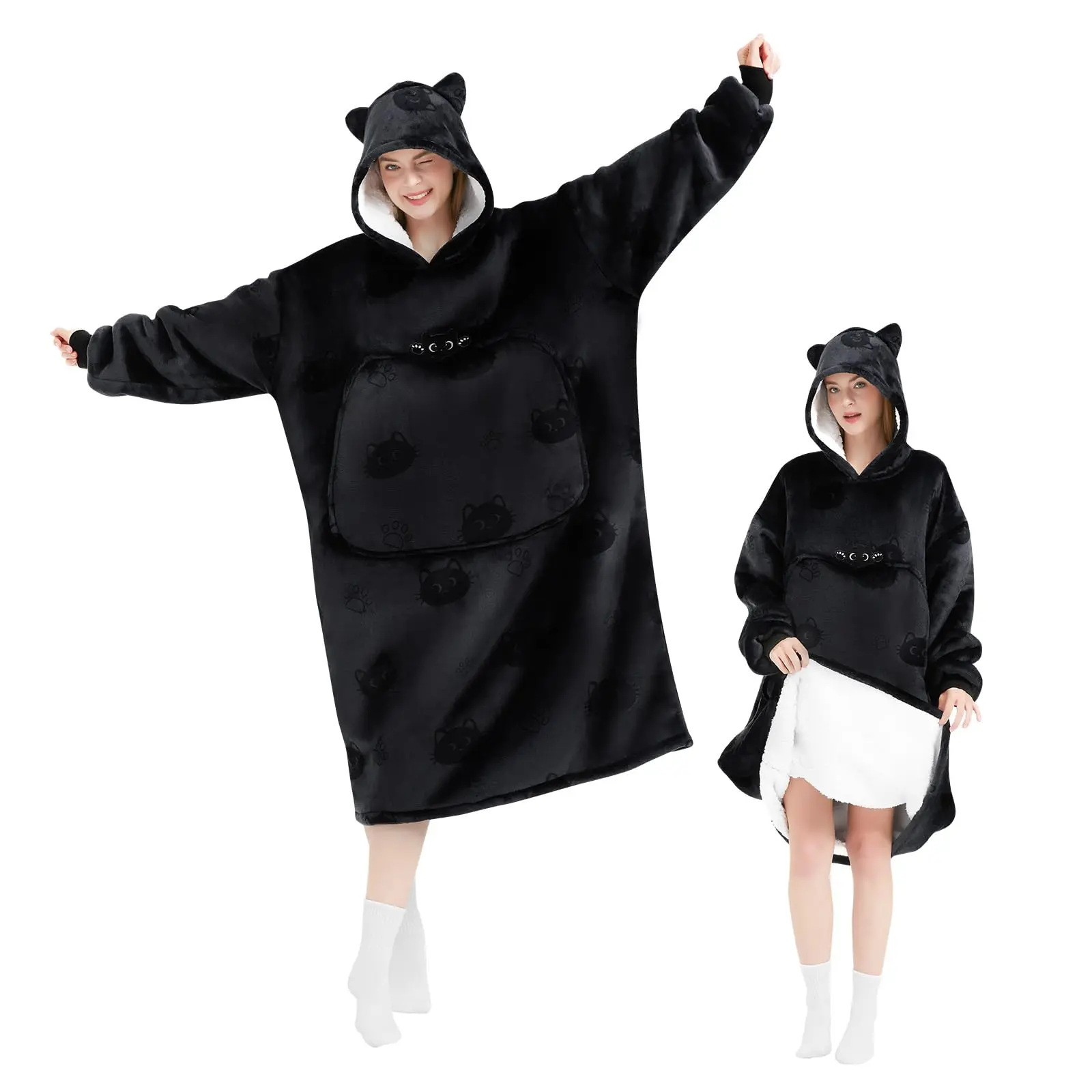 Wearable Blanket Hoodie for Adults, Cozy Oversized Sherpa & Flannel Sweatshirt with Giant Pocket, Gifts for Women