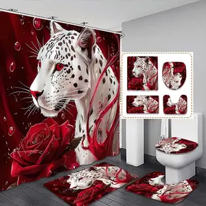 Rose Leopard Print Shower Curtain Set, Includes Non-Slip Mat, Toilet Lid Cover, Hooks, Bathroom Decoration Accessories, Complete Bathroom Accessories Kit
