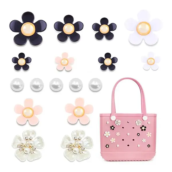 Charms for Bogg Bag, Pearls and Colorful Flowers for Bogg Bag Accessories, Compatible with Women Rubber Beach Bag Tote Handbag Decoration (17 Pcs)