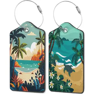 Cartoon Palm Tree,  PU Leather Luggage Tags for Suitcase, Turtle on The Beach Travel Cruise 2 Pack with  Flap, Name ID Label and Metal Loop for Women Men Baggage Backpack