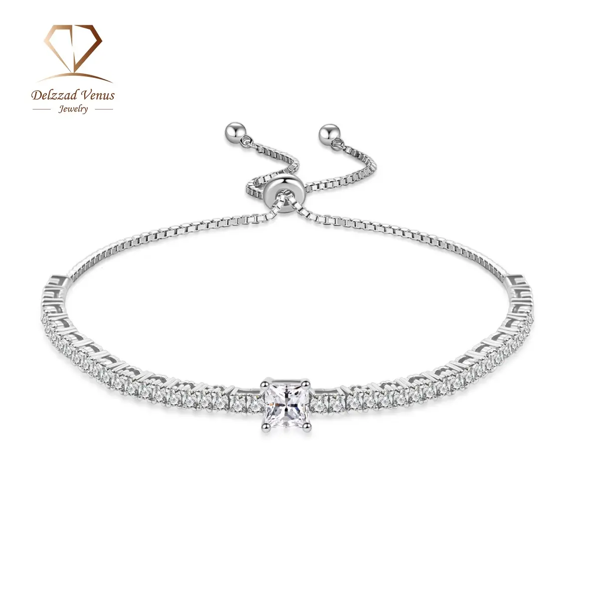 Delzzad 2.5ct Boundless Love Bracelet Classic Tennis Chain Adjustable Slider Bracelet Princess Cut Synthetic Moissanite Bracelet Jewelry Copper Chain Perfect Birthday Engagement Wedding Anniversary Valentine's Day Gift