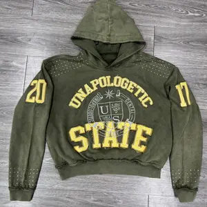 Army Hoodie Olive Green Cropped Pull Over with Bold Embroidered Design Rhinestone Details on Shoulders and Sleeves Everyday Fashion Statement Sweatshirts Womenswear Tops