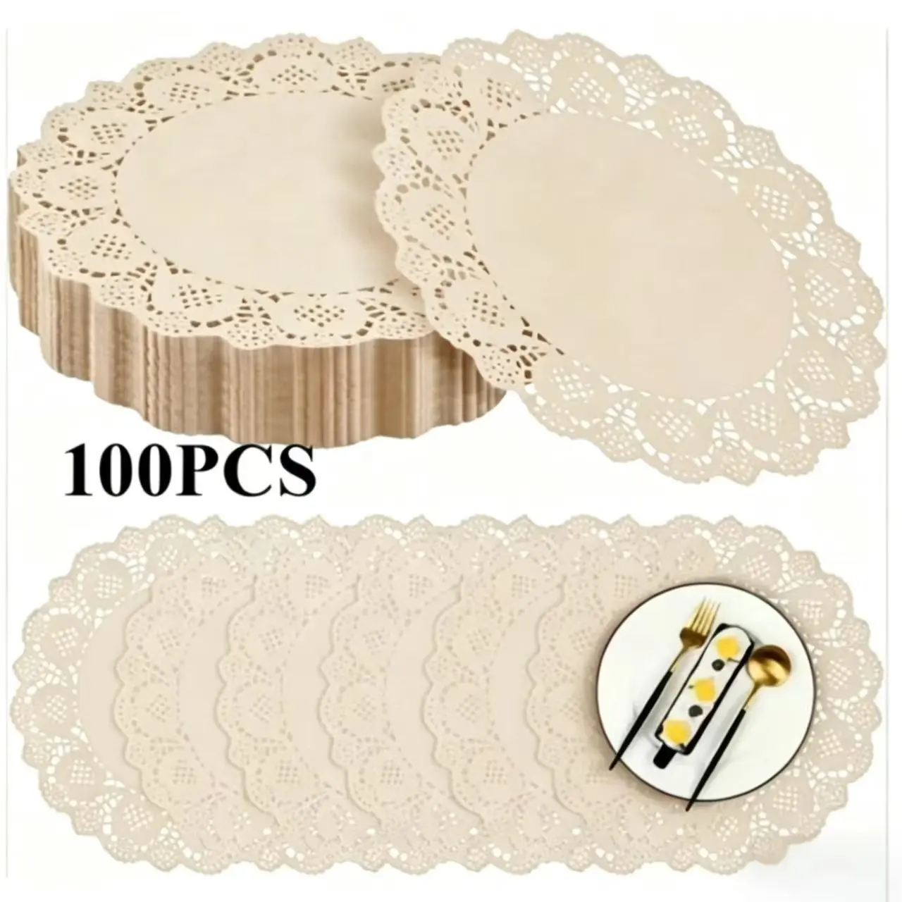 100 Pack Round Kraft Paper Doilies, 13.5 Inch Lace Paper Disposable Placemats, Kitchen Decorative Placemat, Rustic Scallop Disposable Table Pads for Parties