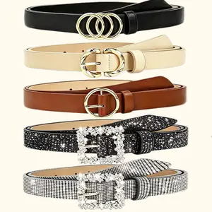 5 Pack Women's Classic Solid Color & Sparkly Rhinestone Belts, Gold Multi Buckle Styles Double Ring Round C Buckle Waist Belts for Women, Adjustable Versatile Belts for Jeans Dresses Daily Casual Party Outfits, Multi Colors Fit Most Waist Sizes