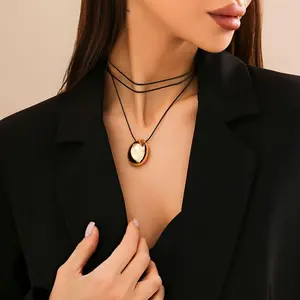 Smooth Oval Pendant Choker Knotted Collar Simple Winding Multilayer Long Money Jewelry