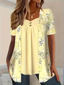 【plus Size】 Floral Print  Tee, Casual Short Sleeve T-shirt for Daily Wear, Women Plus Clothing Womenswear for Summer, Top