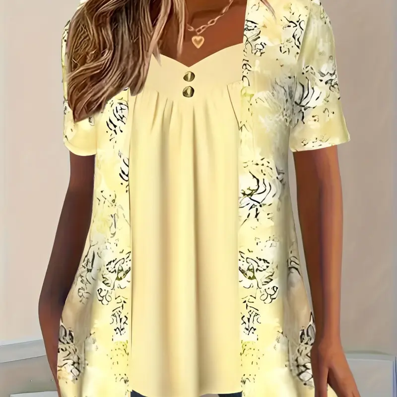 【plus Size】 Floral Print Tee, Botanical Tee, Casual Short Sleeve T-shirt for Daily Wear, Women Plus Clothing for Summer, Top, Shorts Sleeve Top