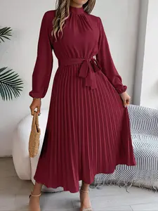 Women's Elegant Chic Long Sleeve Belted Pleated Dress, Spring & Fall Fitted Plain Design, Middle East Style Maid of Honor Gown
