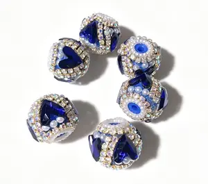 (NO.146 )Dark Royal Blue Heart Rhinestone Pearl Ball Beads (18mm Gold Frame) - 6pcs, Costume Jewelry Accessory for Keychains