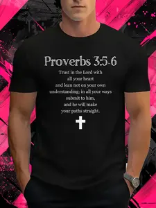 Men'S Christian Bible Verse T-Shirt - Proverbs 3:5-6 Scripture |   Black With White Lettering, Glossy End, All-Season Comfort Fit, Perfect For Casual Attire And Gifts, Faith-Based Clothing For Men, Plus Size